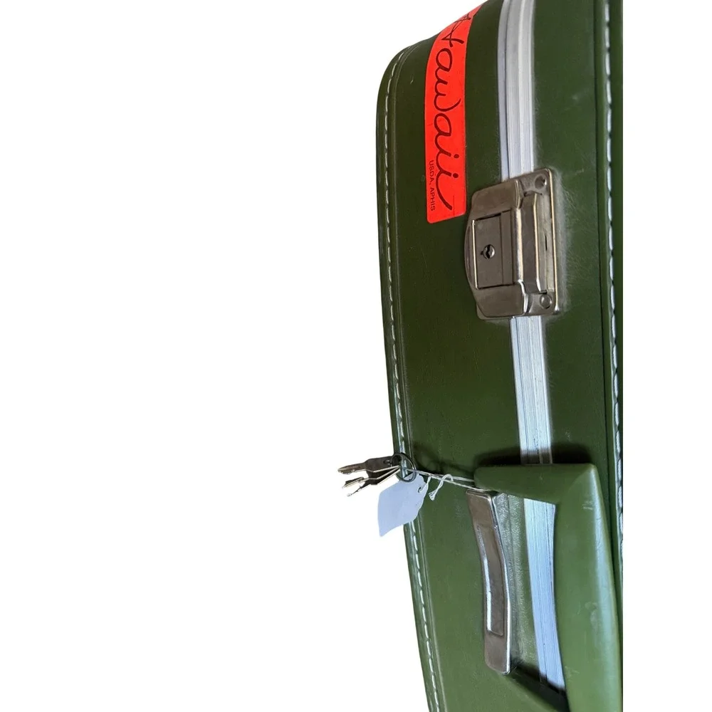 Vintage Avocado Green Hard Shell Suitcase Mid Century Retro Luggage with Keys